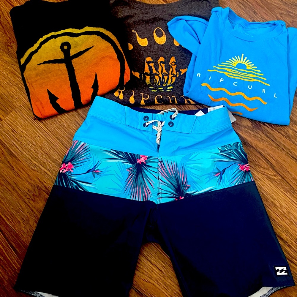 Boys board shorts and 3 shirts
